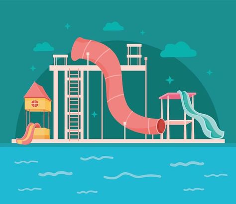 Water Park Illustration, Waterpark Illustration, Waterpark Drawing, Park Illustration, Waterpark, Playground Equipment, Flat Illustration, File Free, Doodle Drawings