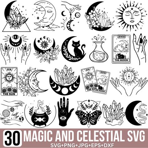 Witchy Stickers, Witchy Svg, Celestial Svg, Sun Svg, Celestial Tattoo, Handmade Journals Diy, Tattoo Style Drawings, Symbols And Meanings, Girly Tattoos