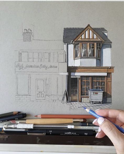 Pencil Sketches Architecture, Jamaican Restaurant, Sketchbook Design, Architecture Sketches, Color Pencil Sketch, Colour Architecture, Building Drawing, Architecture Sketchbook, Architecture Concept Drawings