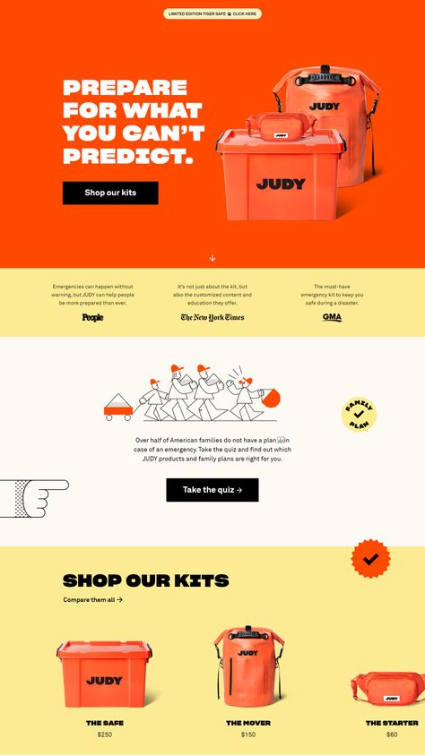 Judy is a collection of ready-kits with everything needed to prepare for natural disasters and home emergencies. Using the bright orange color not just give a strong impression to the users about their brand, but also match the nature of their products for emergency use. Bright Color Website Design, Orange Web Design, Ember Candles, Orange Website Design, Orange Website, Orange Branding, Orange Web, Orange Store, Landing Ideas