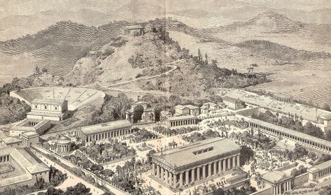 An artist's impression of Altis, the sanctuary in Olympia Ancient Greek Olympic Games, Olympia Greece, Ancient Olympic Games, Ancient Olympics, Ancient Olympia, Olympic Flame, Sacred Mountain, Greek Art, Athens Greece