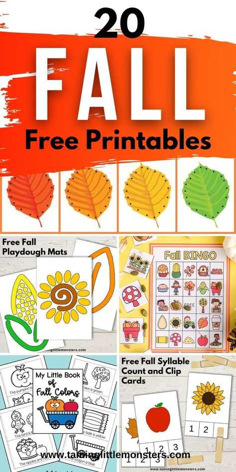 20 Free Printables for Fall. Fun and easy print and play activities for toddlers, preschoolers and kindergarteners to do this Autumn. #fall #freeprintables #toddler #preschool #kindergarten Autumn Curriculum Preschool, Fall Week Preschool Activities, K3 Activities Free Printables, Autumn Preschool Activity, Fall Activities For Toddlers Printable, Preschool Themes September, Activities For Fall Preschool, September Preschool Activities Free Printable, Autumn Activities For Preschoolers