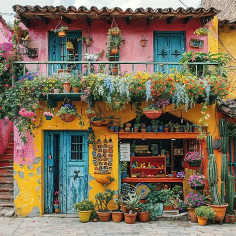 Nestled in the heart of the tropics, a vibrant South American home bursts into life with its colorful walls and balconies adorned with lush flowers. A celebration of color and nature. #TropicalCharm #ColorfulLiving #FloralParadise #VibrantHomes #BalconyGardens #GenerativeArt #DigitalArtists #AIArtwork #AI #AIhyperrealistic Bright Houses Exterior, Colombian Houses Architecture, Latin American House Exterior, South American Interior, Tropical Home Aesthetic, Colorful Homes Exterior, Mexican Colorful Houses, Mexican Buildings Architecture, Colorful Spanish House