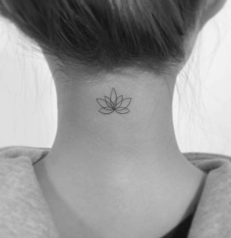 Lotus Flower Tattoo Neck, Flower Tattoo Neck, Behind The Neck Tattoos, Lotus Tattoo Back, Simple Lotus Flower Tattoo, Simple Lotus Tattoo, Flower Neck Tattoo, Playground Tattoo, Small Lotus Flower Tattoo