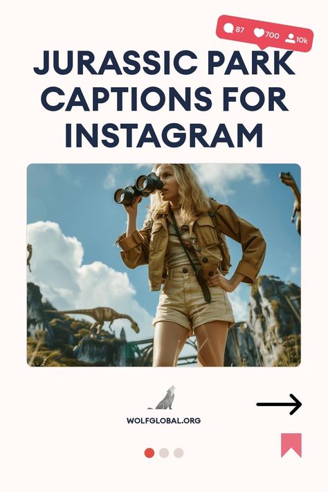 Promotional image for "Jurassic Park Captions for Instagram" featuring a person with binoculars.
Illustration of a checklist with playful dinosaur-themed tasks, promoting wolfglobal.org.
An advertisement for an Instagram engagement service, featuring a smiling woman with a laptop. Jurassic Park Quotes Humor, Family Instagram Quotes, Jurassic Park Quotes, Dinosaur Puns, Dino Park, Jurassic Park Movie, Jurrasic Park, Ig Captions, Good Instagram Captions