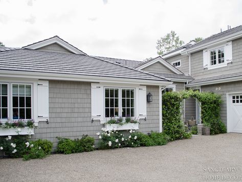 Brick Window, Cottage Exterior Colors, Window Shutters Exterior, Gray Brick, Gray House Exterior, White Shutters, Garage Door Styles, Boxes Ideas, Exterior Window