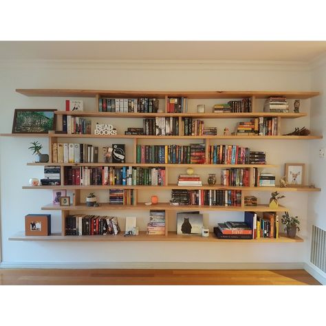 Library Wall Floating Shelves, Long Floating Bookshelves, Wooden Floating Bookshelves, Wall Book Shelves Living Room, Bookshelf Floating Shelves, Wall Mounted Bookcase, Hanging Bookshelves, Floating Bookshelf, Floating Bookshelves