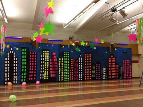 Glow In The Dark Dance Decorations, Elementary Glow Dance Party, School Disco Decorations, Black Light Dance Party, Spring School Dance Decorations, Neon Dance Decorations, Family Dance Themes, Neon Dance Theme, Dance Decorations School