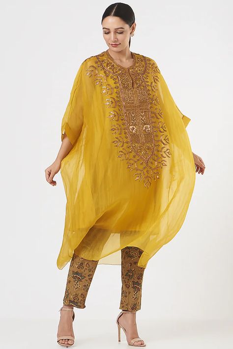 Mustard Organza Embroidered Kaftan Set Design by Divya Sheth at Pernia's Pop Up Shop 2022 Organza Kaftan, Kaftan Set, Embroidered Kaftan, Kaftan Designs, Indian Fashion Designers, Indo Western, Pernia Pop Up Shop, Indian Designer, Indian Designer Wear