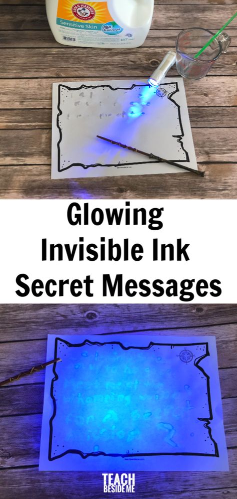 Glowing Invisible Ink Secret Messages - Teach Beside Me Harry Potter Kids Activities, Harry Potter Experiments, Making Harry Potter Potions, Harry Potter Stem Activities, Harry Potter Science Experiments, Harry Potter Camp Ideas, Wizard Activities For Kids, Invisible Ink For Kids, Wizard Crafts For Kids