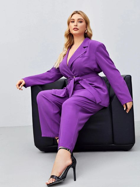 Plus Double Button Belted Blazer | SHEIN USA Plus Size Body Suit Outfit, Wedding Guest Dresses Formal, Plus Size Body Suit, Body Suit Outfit, Plus Size Blazers, Hot Pink Blazer, Women Poses, Body Positive Fashion, Plus Size Wedding Guest