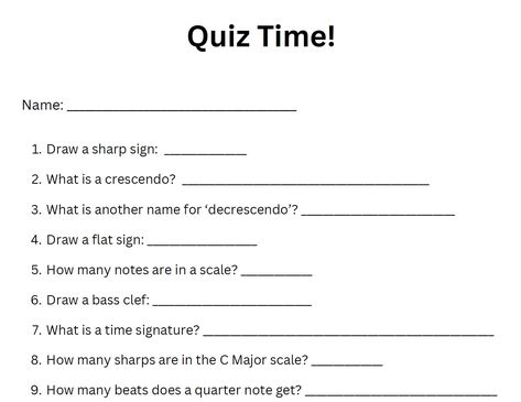 This is a printable quiz on some basic music theory concepts. This quiz includes questions on the C Major scale, as well as the sharp and flat signs, and will help students who have some music theory under their belts. I hope this quiz is helpful - my goal is to make resources for music teachers to save you time so you can focus on teaching. IMPORTANT NOTICE: This is a digital file for printing at home - no physical document will be shipped! My designs are for PERSONAL USE ONLY. They cannot be s Piano Basics, C Major Scale, Piano Worksheets, Basic Music Theory, Theory Test, Test Quiz, Major Scale, Music Teachers, C Major