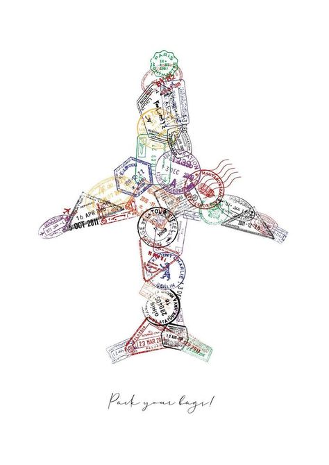 Airplane made from a passport stamps different countries with lettering pack your bags Passport Graphic Design, Travel Stamps, Travel Background, Travel Collage, Travel Stamp, Travel Ads, Passport Stamps, Print Design Art, Letter Stamps