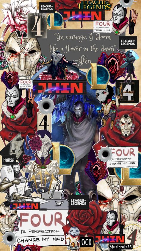 Jhin, league of legends, four, ocd, game for pc collage Lol Characters League Of Legends, League Of Legends Jhin, Jhin League Of Legends, Collage Wallpapers, Lol League Of Legends, Stardew Valley, League Of Legends, Favorite Character, Juice