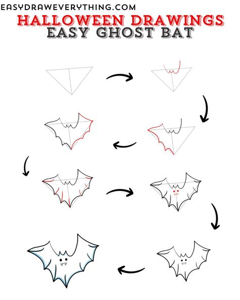 Easy ghost bat Easy Bat Drawing, Draw A Ghost, Draw A Bat, Easy Halloween Drawings, Bat Drawing, Ghost Bat, Minecraft Drawings, Fruits Drawing, Easy Drawing Tutorial