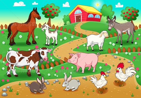 Farm animals with background.  #GraphicRiver         Farm animals with background. Vector and cartoon illustration.  	 Folder contains:  	 EPS file; High Resolution JPG file; High Resolution PSD file.     Created: 28September12 GraphicsFilesIncluded: PhotoshopPSD #JPGImage #VectorEPS Layered: No MinimumAdobeCSVersion: CS Tags: animal #bovine #cartoon #character #chicken #cow #donkey #family #farm #fruit #goat #group #happy #hen #hog #horse #house #illustration #jackass #landscape #mule #object # Farm Animals Background, Animals Background, Farm Sheep, Animal Pictures For Kids, Farm Cartoon, Picture Composition, Sheep Farm, Background Clipart, House Illustration