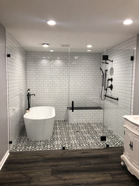 Bathroom With Shower Room, Walk In Bath Shower Combo, Walk In Shower With Clawfoot Tub Inside, Basic Shower Tile, Seamless Shower Tile, Tube In Shower Ideas, Bathroom With Closed Toilet Room, Tub Inside Shower Layout Master Bath, Bath Tub In Shower Combo Ideas