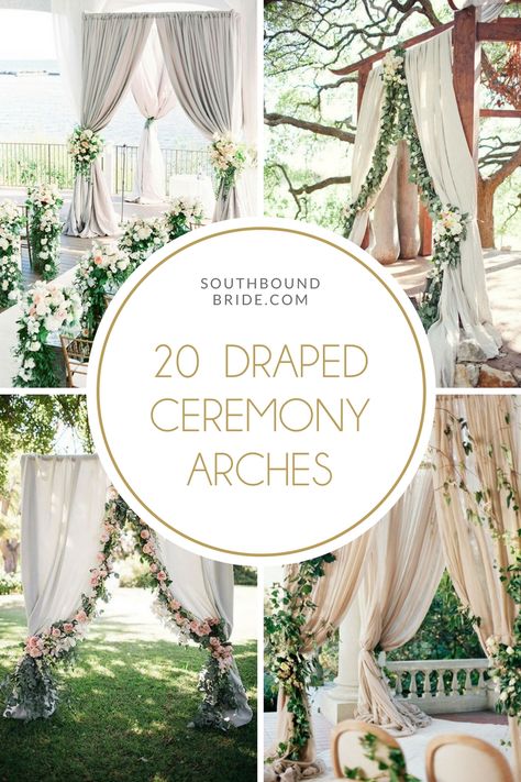 Wedding Arch Draped Fabric, Wedding Arbor Fabric Draping, Wedding Arbor Draping Ideas, Wedding Arbor Draping, Arbor Drapery Wedding, Drape Arch Wedding, Simple Arch Decor, Arbor Draping Wedding, Wedding Pergola Decorations Draping