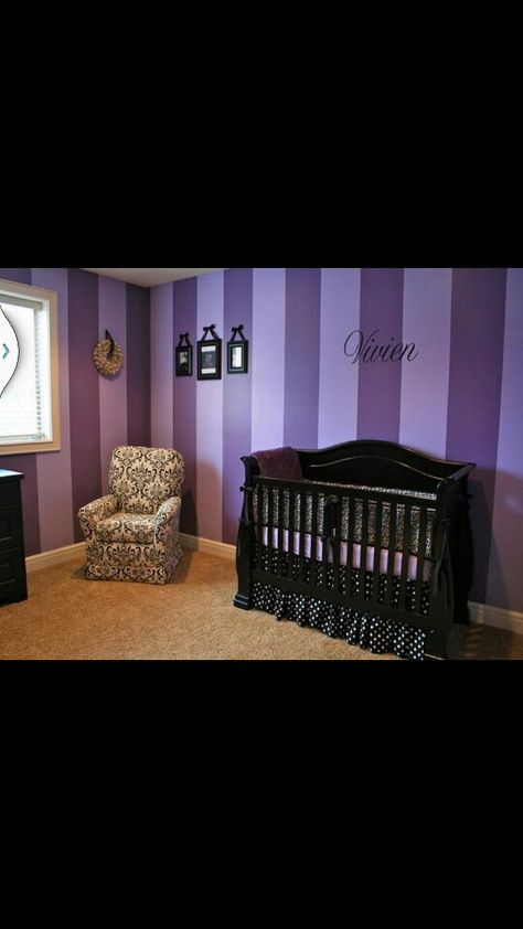 purple striped walls. Maybe do in pink or even teal for Alice in Wonderland room? I like the purple though too Lavender Nursery Ideas, Purple Striped Walls, Purple Baby Rooms, Wonderland Bedroom, Purple Accent Walls, Wonderland Room, Lavender Nursery, Black Nursery, Purple Nursery