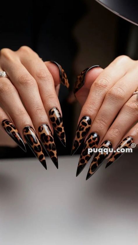 Black Outfit Nails, Long Cheetah Nails, Leopard Nail Art Tutorial, Dark Leopard Nails, Cheetah Print Christmas Nails, Black Nails With Leopard Design, Black And Leopard Print Nails, Cheetah Stiletto Nails, Nail Ideas Leopard Print