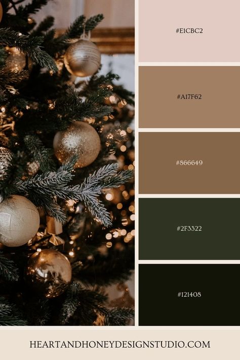 christmas inspired color palette - christmas tree decorated with gold ornaments and warm christmas lights Earthy Christmas Color Palette, Family Christmas Color Schemes, Color Pallet Christmas, Christmas Wedding Color Palette Colour Schemes, Christmas Decorations Color Schemes, January Color Palette 2024, Copper And Green Christmas Tree, Christmas Colour Palette 2024, Neutral Christmas Color Palette