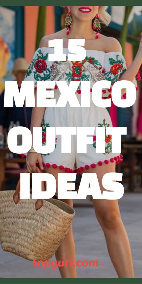 15 Fabulous Mexico Outfit Ideas to Spice Up Your Vacation Wardrobe Mexican Accessories Women, Mexican Themed Outfit Women, Mexican Christmas Outfit, Mexico Style Fashion, What To Wear In Cartagena Colombia, Mexican Outfit Ideas Women, Mexico Themed Party Outfits, Mexican Dress Up, Hispanic Heritage Outfit Ideas