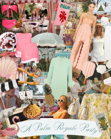 A Palm Royale Party - Monica Gisele Palm Springs Party Outfit, Slim Aarons Pool Party, Palm Royale Party Outfit, Palm Beach Bridal Shower Theme, Palm Beach Outfits Style, Resort Themed Party, Palm Royale Bachelorette, Palm Beach Party Theme, Palm Royale Party Theme