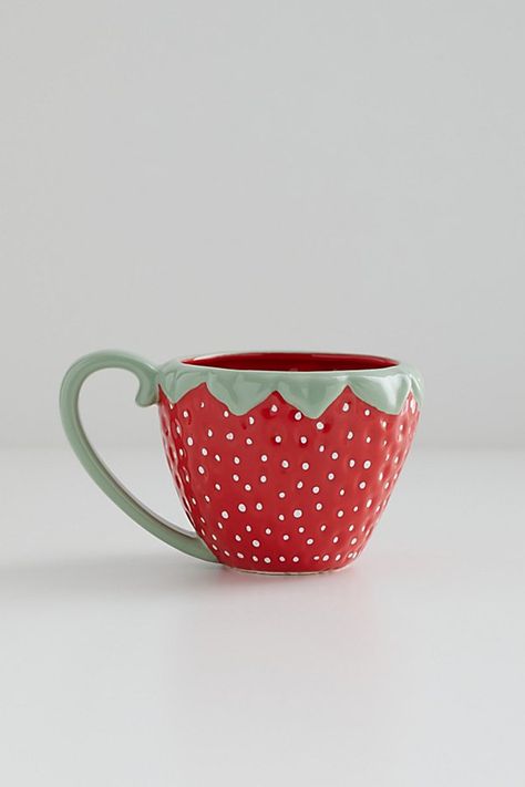 Enjoy a berry delicious brew with this stoneware mug featuring an oversized strawberry silhouette. Available exclusively at Urban Outfitters. Features Stoneware mug from UO Home Oversized strawberry silhouette Easy to clean - just pop it in the dishwasher UO exclusive Content + Care Stoneware Food safe Dishwasher and microwave safe; not oven safe Imported Size Ounce capacity: 13.52 oz Dimensions: 5.75" l x 4" w x 3.25" h | Strawberry Shaped Mug in Red at Urban Outfitters Mug Pottery Designs, Cute Bowl Pottery, Creative Mugs Ceramics, Rain Mug, Painted Pottery Ideas Easy, Color Me Mine Mugs, Fun Ceramic Mugs, Cermaic Mugs, Slab Mug Ideas