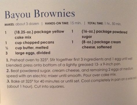 Bayou Brownies Bayou Bars, Bayou Brownie Pie, Bayou Brownies, Heavenly Desserts, Frog Cake, Brownie Pie, Fast Dinner, School Recipes, Molten Lava Cakes