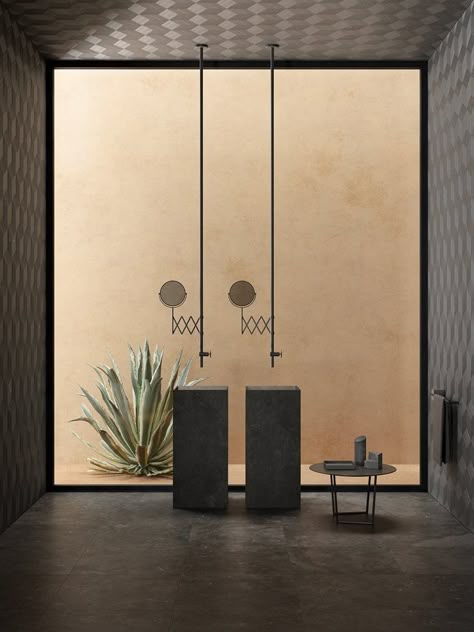 Dark Modern Bathroom, Stone Tile Texture, Concrete Effect Paint, Rule Of Three, Dark Bathrooms, Sophisticated Bathroom, Tile Texture, Bathroom Top, Show Room