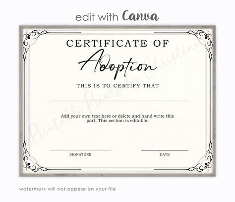 Adoption Certificate Template Edit With Canva, Certificate for Adoption Certificate Template, Certificate Of Adoption, Candy Bar Wrapper Template, Certificate Border, Embossed Seal, Editable Certificates, Simple Borders, Adoption Certificate, Agenda Template