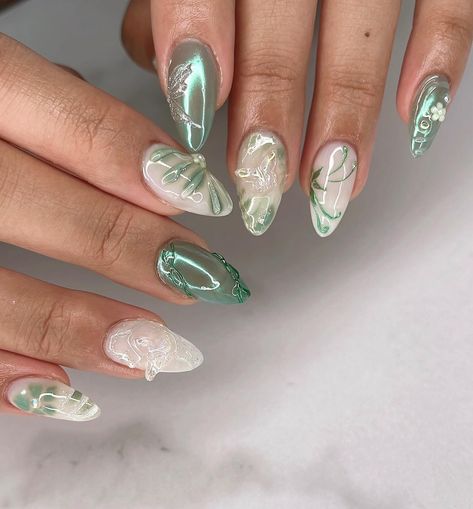 𓇗𓋼forest nymph 𐦍 Custom design for my client’s wedding nails 💚 ty for trusting me for your special day 🥰✨ #nailinspo #nails2inspire #chromenails #apresgelx #gelxnails #naildesign #fairycorenails #gardennails #naturenails #nailart #3dnails #trendynails #iridiscentnails #almondnails Fairy Inspired Nails, Green Fairy Nails, Enchanted Forest Nails, Tinkerbell Nails, Forest Nails, Forest Nymph, Tinkerbell Fairies, Long Stiletto, Option B