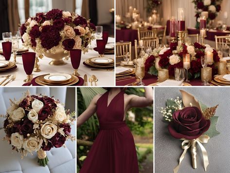 Burgundy Wedding Color Ideas: Beautiful Burgundy and Champagne Gold Wedding Ideas - Francisca's Bridal Maroon And Gold Wedding Theme Bridesmaid Dresses, Maroon Gold And White Wedding Decor, Black Burgundy Ivory And Gold Wedding, Wine And Champagne Wedding Colors, Garnet And Gold Wedding, Burgundy Gold Wedding Theme, Burgundy And Champagne Wedding Decor, Burgundy And Gold Wedding Reception, Champagne And Burgundy Wedding