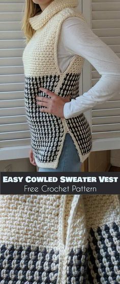 Easy Cowled Sweater Vest [Free Crochet Pattern] Cowl Neck Crochet Top, Crochet Sweater Vest, Vest Pattern Free, Gilet Crochet, شال كروشيه, Crochet Vest Pattern, Crochet Jacket, Crochet Diy, Vest Pattern