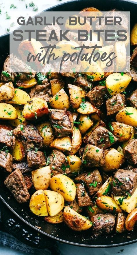 Garlic Butter Herb Steak Bites, Steak Bites With Potatoes, Butter Herb, Garlic Butter Steak Bites, Dinner Noodles, Butter Steak Bites, Makanan Italia, Hummus Wrap, Steak And Potatoes