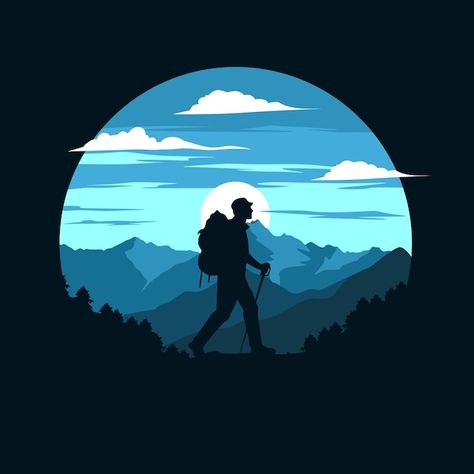 Trekking Silhouette, Trekking Wallpaper, Trekking Illustration, Trekking Logo, Nature Silhouette, Mountains Design, Design Illustration Art, Vector Art Design, Gig Poster