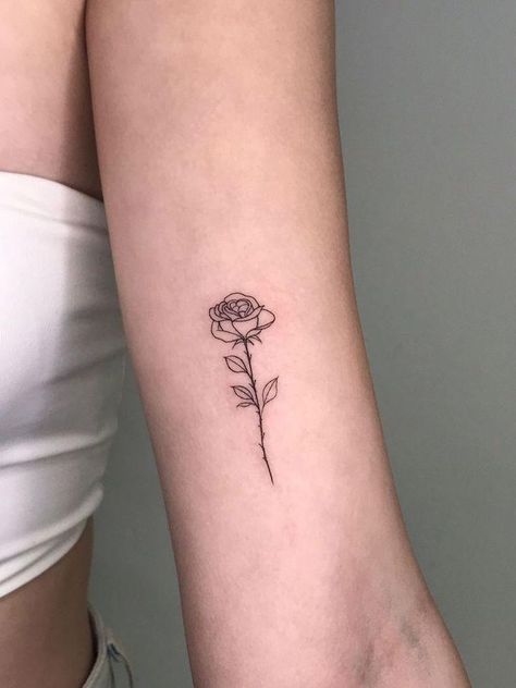 Tiny Tattoos On Forearm, Small Rose Line Tattoo, Simple Written Tattoos, Small Rose Flower Tattoo, Small Fine Line Rose Tattoo, Small Rose Tattoo Forearm, Flower Tattoo On Arm For Women, Dainty Rose Tattoo Simple, Forearm Rose Tattoo Women