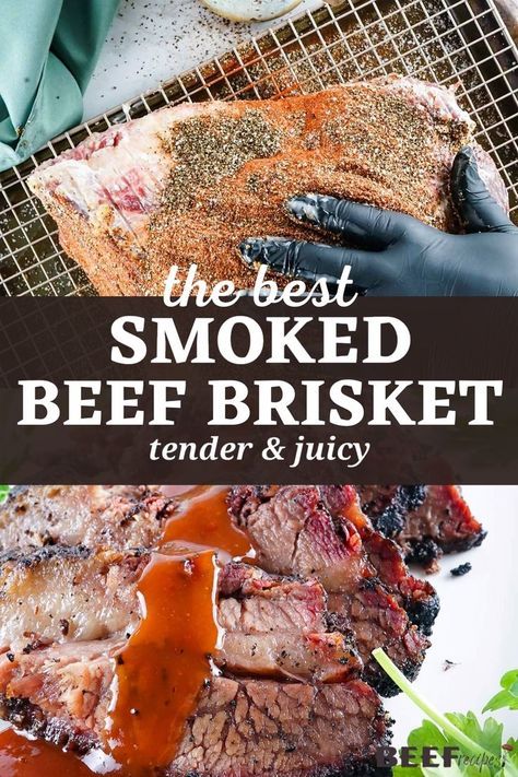 Our Smoked Beef Brisket recipe is melt-in-your-mouth juicy and delicious. Using a simple but flavorful rub, smoking a beef brisket has never been so easy and so rewarding! Your whole neighborhood will be jealous from the smell! Grilled Brisket Recipes, Smoked Brisket Rub, Best Smoked Brisket Recipe, Smoker Recipes Brisket, Easy Brisket Recipe, Smoker Brisket, Texas Smoked Brisket, Smoked Beef Brisket Recipes, Beef Brisket Recipe