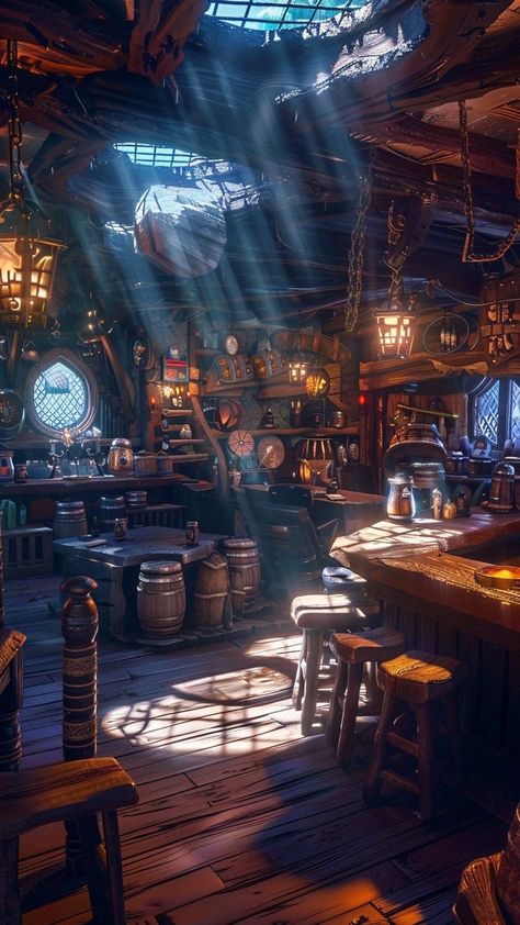 Steampunk Landscape, Tavern Room, Fantasy Interior, Temple Knights, Witches Cottage, Steampunk City, Fantasy Shop, Fantasy Furniture, Story Building