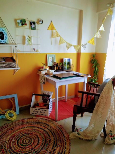 Yellow Painted Rooms, Half Painted Wall, Old Dining Table, Setting Up A Home Office, Half Painted Walls, Ikea Wall, Plant Tips, Half Walls, Basement Apartment