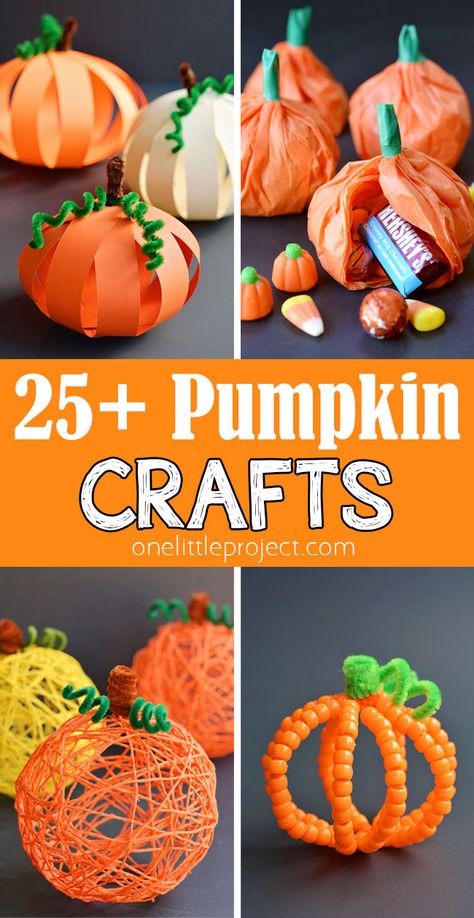 Pumpkin crafts are SO FUN for fall, Halloween, and Thanksgiving! These easy pumpkin craft ideas are perfect for kids of all ages, as well as adults and seniors. Make a pumpkin from pipe cleaners, yarn, paper mache, or even a sock! There are so many fun fall craft ideas! Pumpkin Craft Elementary School, Mini Pumpkin Crafts For Kids, 4th Grade Fall Crafts, Easy Pumpkin Crafts For Kids, Pumpkin Faces Ideas Easy, Mini Pumpkin Crafts, Halloween Crafts Pumpkins, Candy Crafts For Kids, Quick Crafts For Adults