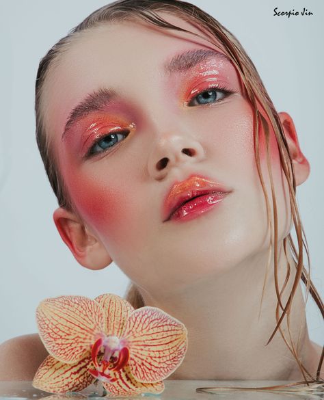 Flower Fashion Photography Editorial, Editorial Flower Makeup, Spring Editorial Makeup, Peach Fuzz Makeup, Flower Make Up, Makeup With Flowers, Pink Flower Makeup, Apricot Makeup, High Fashion Makeup Editorial