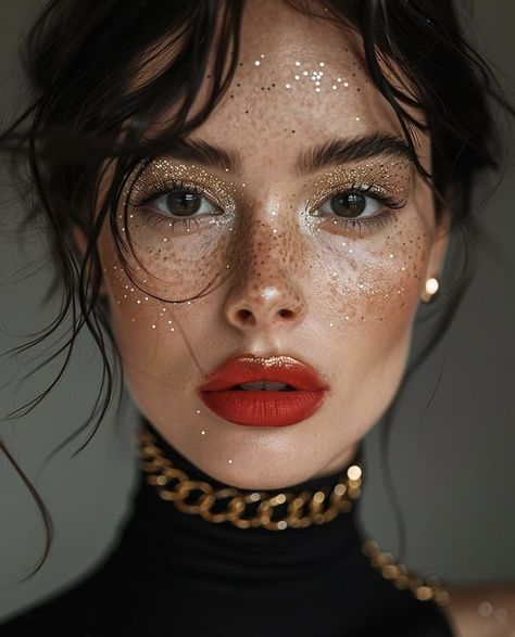 Whimsical Makeup Looks, Mascarade Makeup, Glitter Freckles, Silvester Make Up, Goddess Makeup, Galaxy Makeup, Gold Makeup, Stunning Eyes, Maquillage Halloween