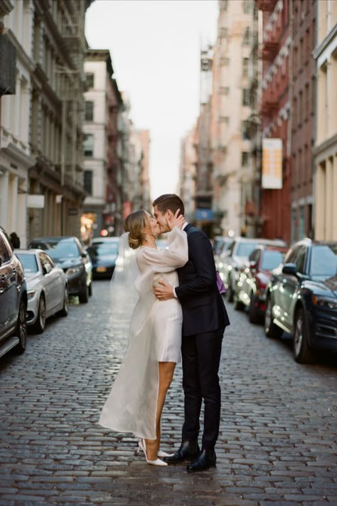 intimate nyc elopement in soho published on fashion blog Over the Moon Elopement Photoshoot Casual, Wedding Photos In Street, Vintage Nyc Engagement Photos, Nyc Elopement Dress, Timeless Elopement Photos, City Pre Wedding Shoot, Soho Nyc Photoshoot, City Bride Photoshoot, Nyc Winter Elopement