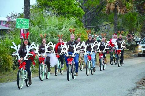 Tour de lights bike parade- December 19th 2015- Beginning at 5pm at A-J's Dockside Restaurant. Winter Biking, Bike Parade, Christmas Parade Floats, Bike Decorations, Holiday Parades, Beach Rental, Christmas Golf, Christmas Float Ideas, Rental House