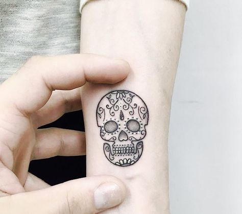 Small detailed sugar skull Sugar Tattoo, Mexican Skull Tattoos, Calavera Tattoo, Small Skull Tattoo, Datum Tattoo, Candy Skull Tattoo, Womens Tattoo Sleeve Ideas, Womens Tattoo Sleeve, Tattoo Sleeve Ideas