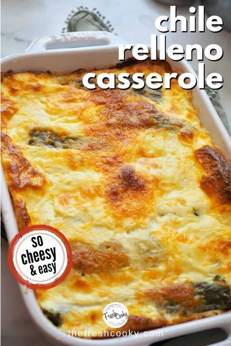 Easy Chile Relleno Casserole is a delicious vegetarian dish made with Monterey Jack cheese stuffed whole roasted Hatch green chiles, topped with an egg, milk batter, topped with more cheese, then baked into fluffy perfection. Easily adapted to be gluten free. Great for breakfast, brunch or dinner! Recipe via @thefreshcooky | #meatless #lowcarb #best #mexicanrecipes via @thefreshcooky Chile Rellenos Cornbread, Chili Relleno Casserole Easy, Chilli Relleno, Chili Rellanos, Stuffed Chili Relleno Recipe, Chile Relleno Casserole Recipe, Easy Chile, Chile Relleno Recipe, Chili Relleno Casserole