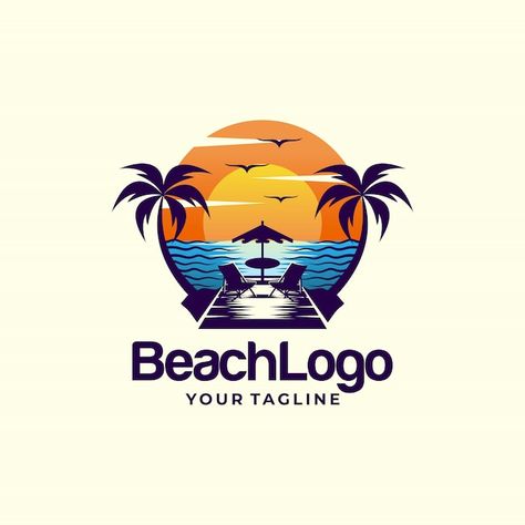 Beach logo design vector template Premiu... | Premium Vector #Freepik #vector #seashore #coast #shore #seascape Beach Logo Design, Resort Logo Design, Sunset Logo, Beach Logo, Resort Logo, Anchor Logo, Leaf Silhouette, Hotel Logo, Bar Logo