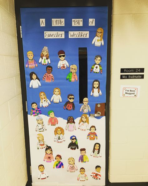 Students created their own Bitmoji and ugly sweater for this door. Ugly Sweater Classroom Door, Ugly Sweater Bulletin Board Ideas, Ugly Sweater Door Decorating Ideas, Ugly Sweater Door, Sweater Decorations, Holiday Classroom Doors, Preschool Door Decorations, Door Decorations Classroom Christmas, Christmas Bulletin Boards