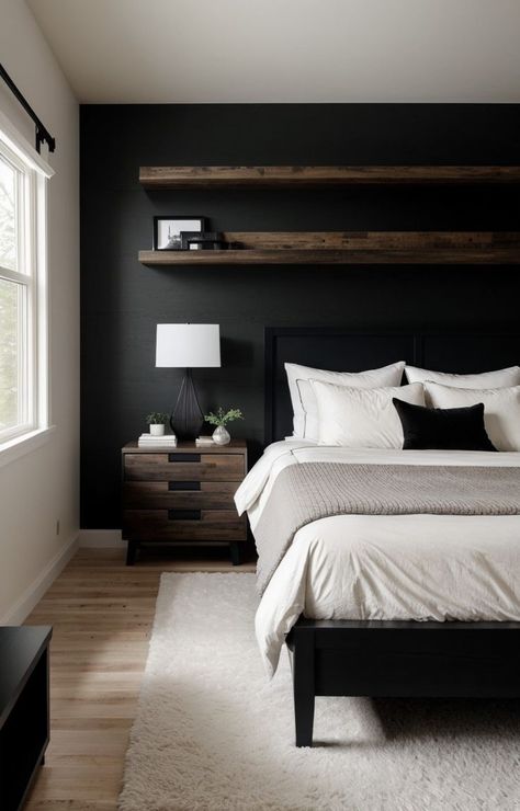 Black And Grey Bedroom, Black Walls Bedroom, Mens Bedroom, Black Bedroom, Bilik Tidur, Hem Design, Room Makeover Bedroom, Home Alone, Master Bedrooms Decor